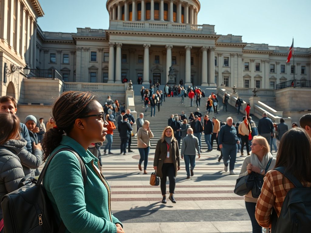 Picture of people coming and going from the United States Capitol building