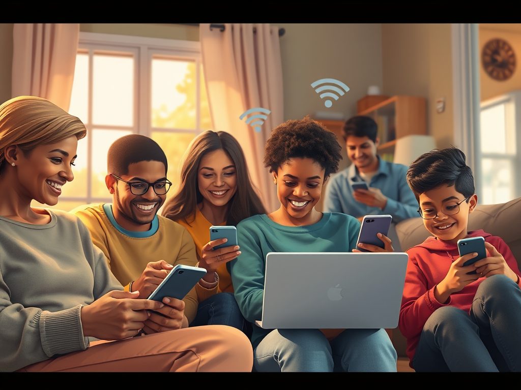 Image depicting a family on mobile devices