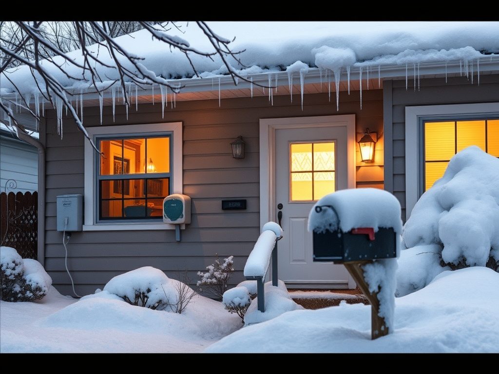 Image of a small home in winter showing an electric meter box