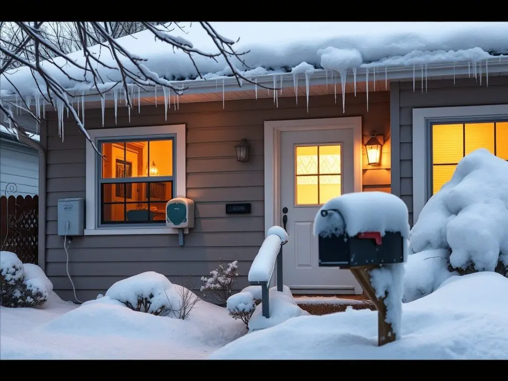 Small home in winter showing an electric meter box