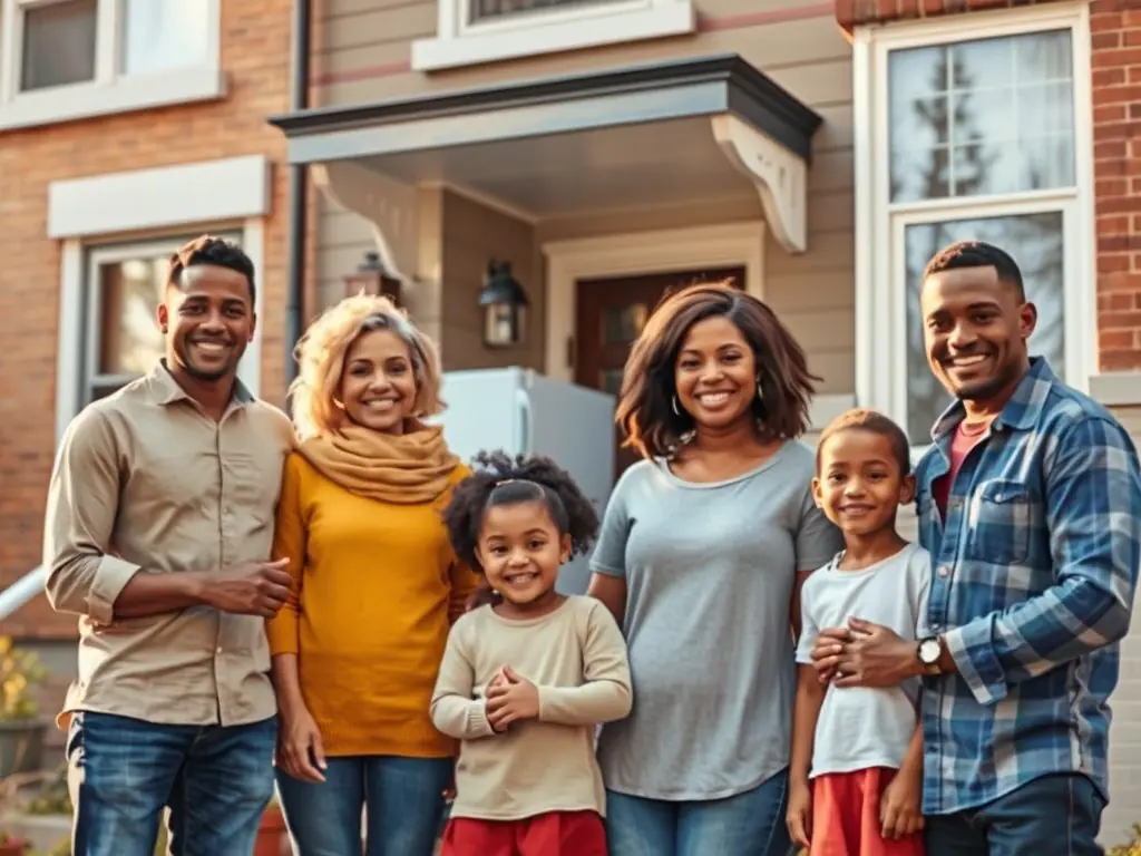 A family of six in front of a home