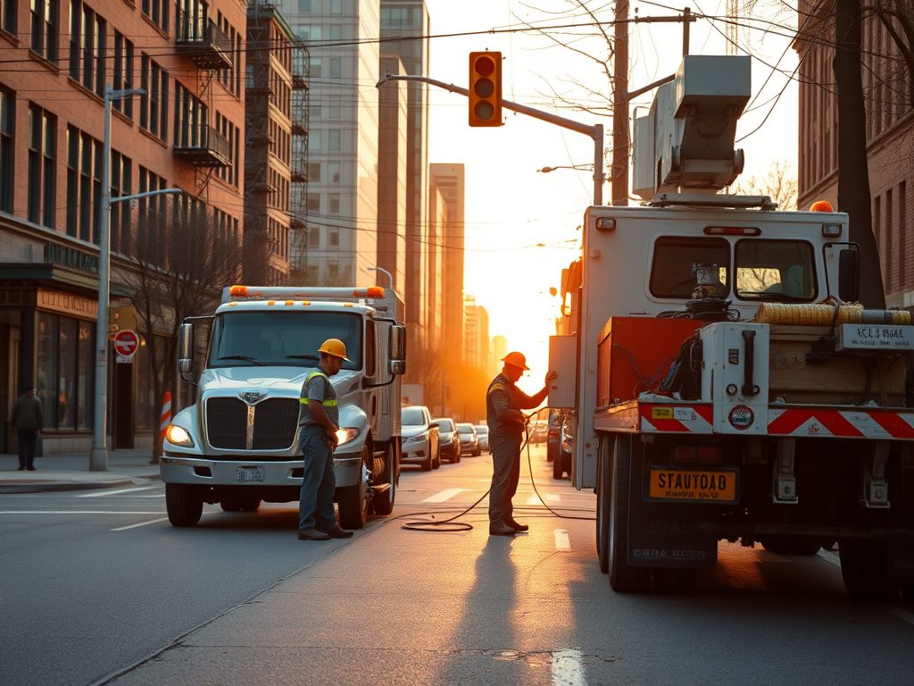 Image depicting two utility trucks doing work in a city street at sunset
