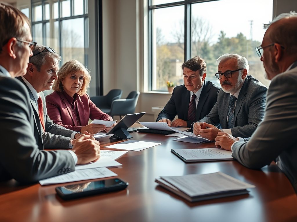 Image depicting six professionals around a conference room table