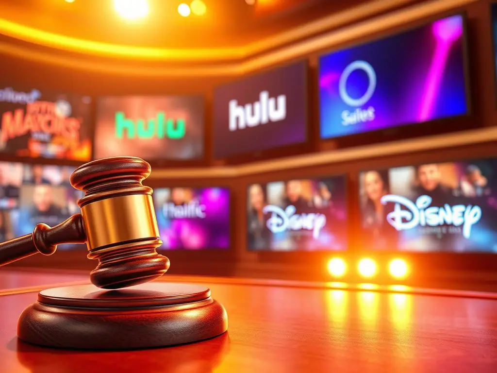 Gavel with video screens in the background depicting streaming services