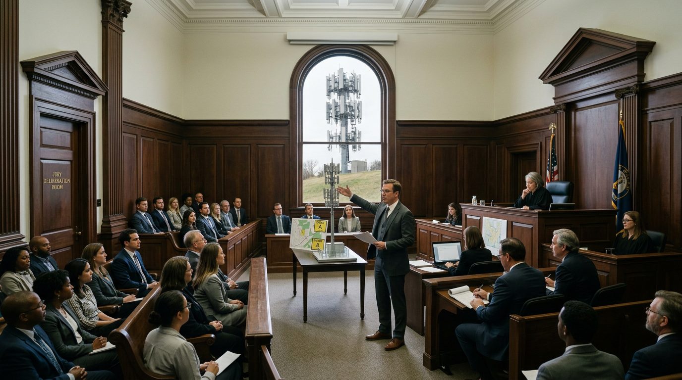 Lawyer arguing a case about cell tower placement in a courtroom with a judge and jury