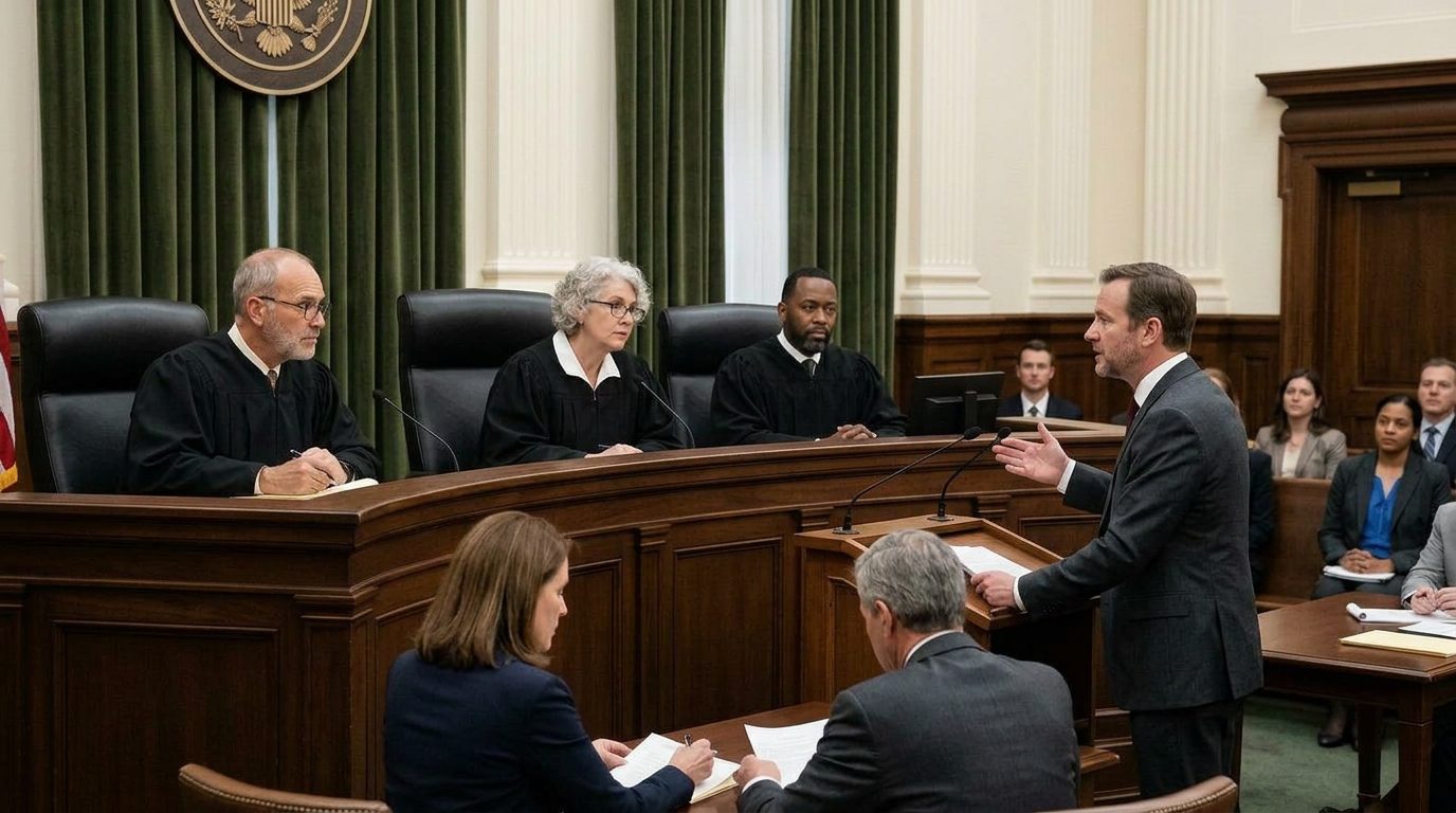 Three judges seated behind bench listening to lawyer presenting case in courtroom